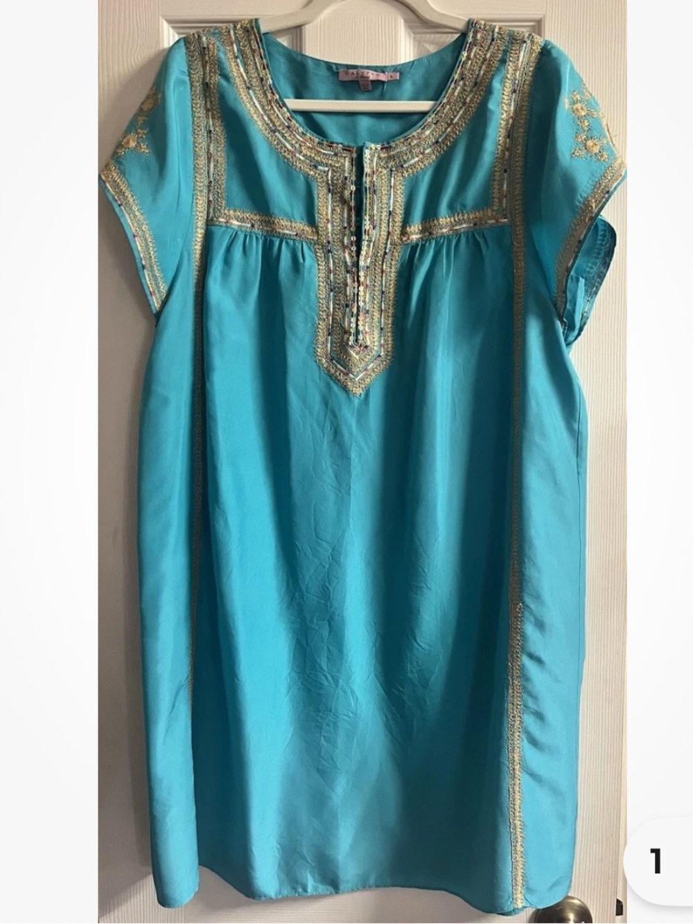 Calypso St. Barth Turquoise Short Sleeve Beaded Shift Dress Size L